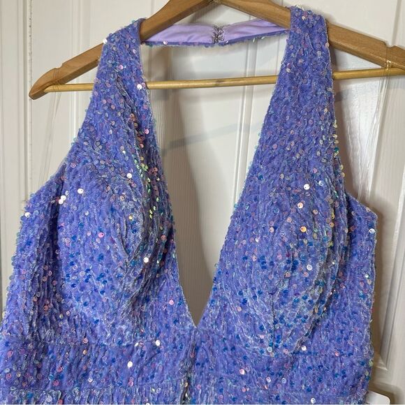 NWT Stacees Lilac Purple Rhinestone Velvet Halter Neck Maxi Dress Sz 16 Wedding - Picture 2 of 10
